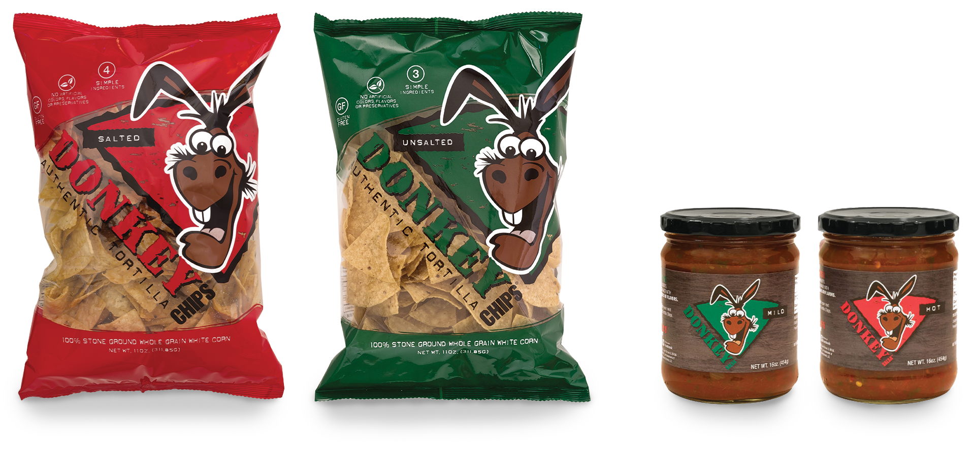 Donkey Brands full product line up including images of Salted and Unsalted Donkey Chips, Mild and Hot Donkey Salsa